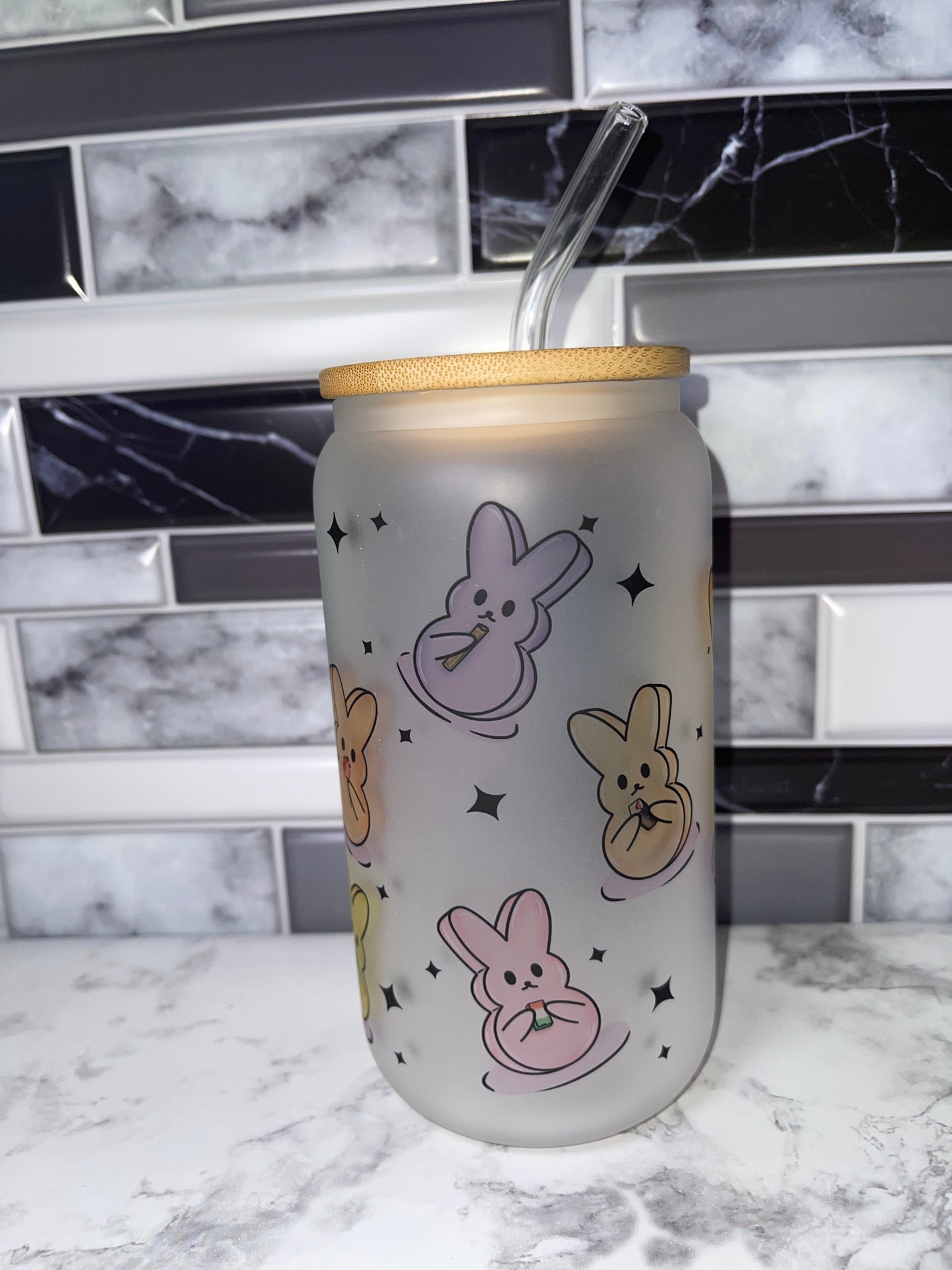 Con mis peep 16oz glass can w/bamboo lid & Straw