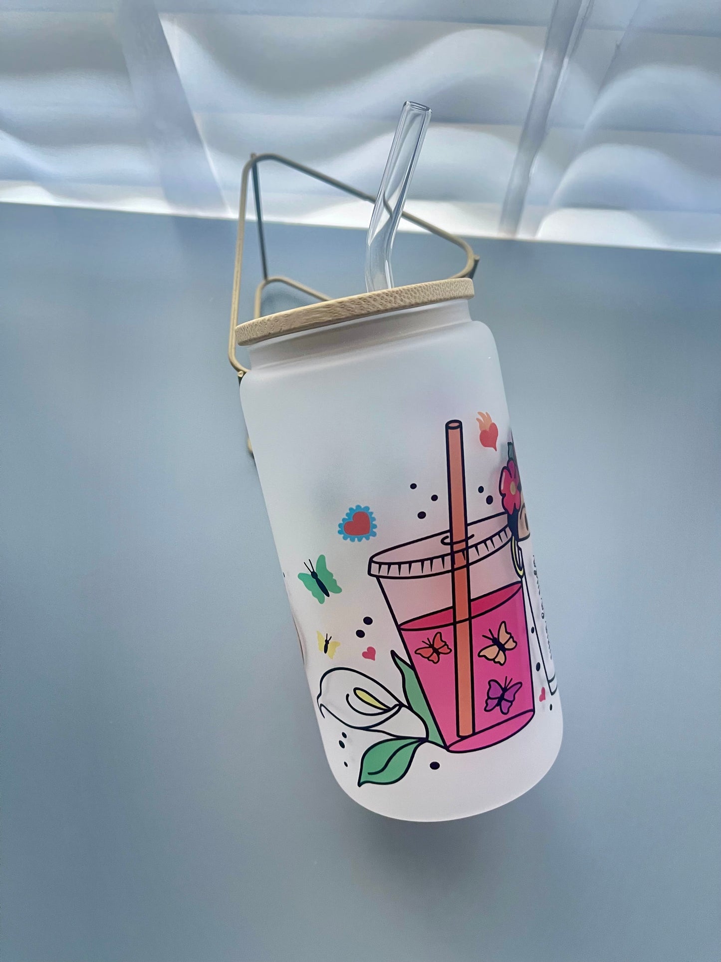 Frida 16oz glass cup with bamboo lid & straw