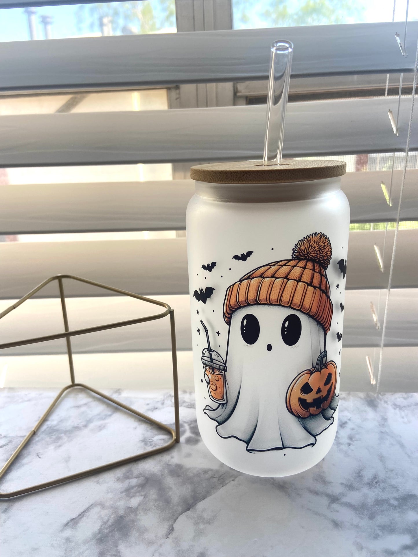 Cute fall ghost glass cup