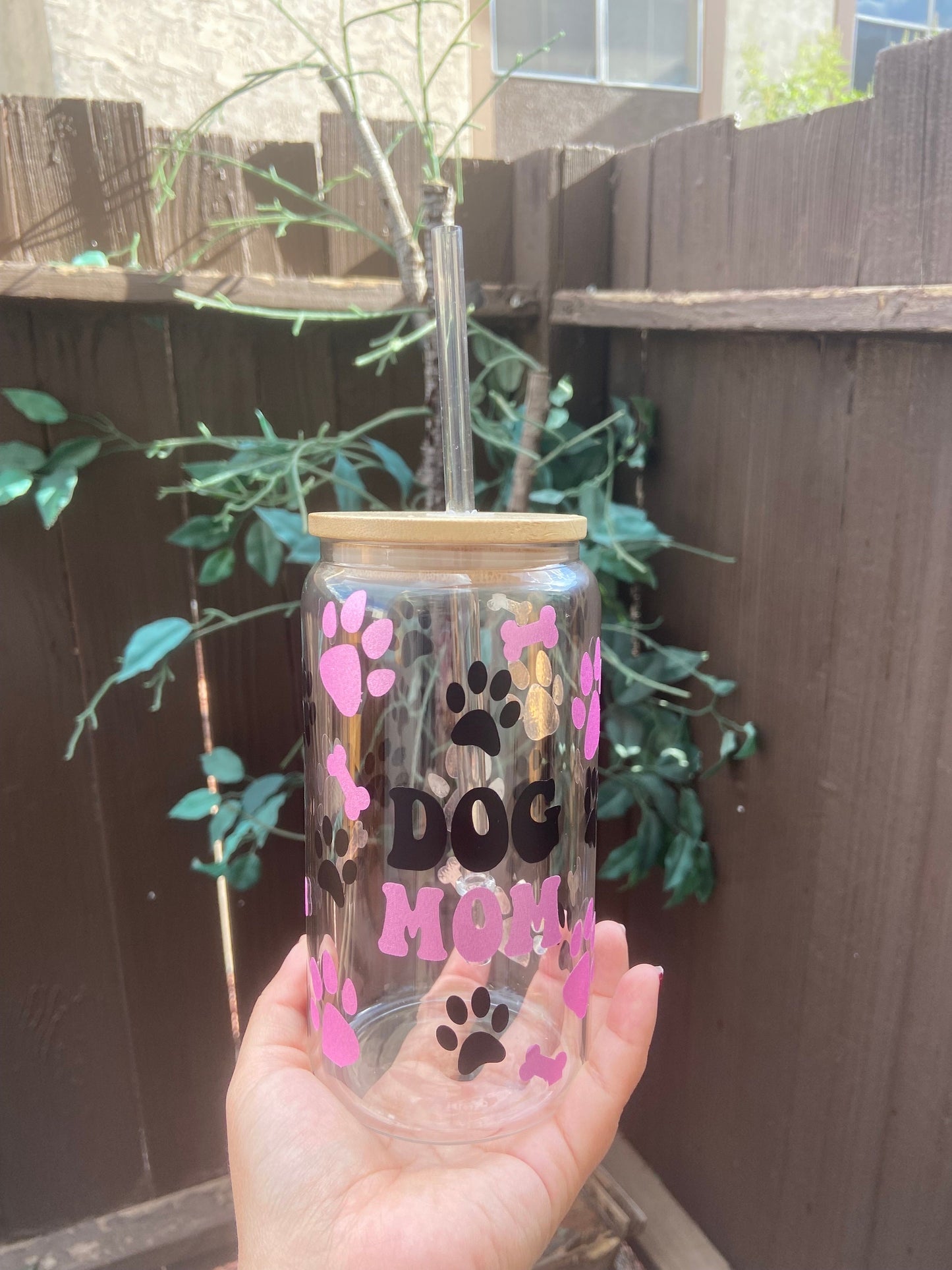 Dog mom glass can with lid & straw
