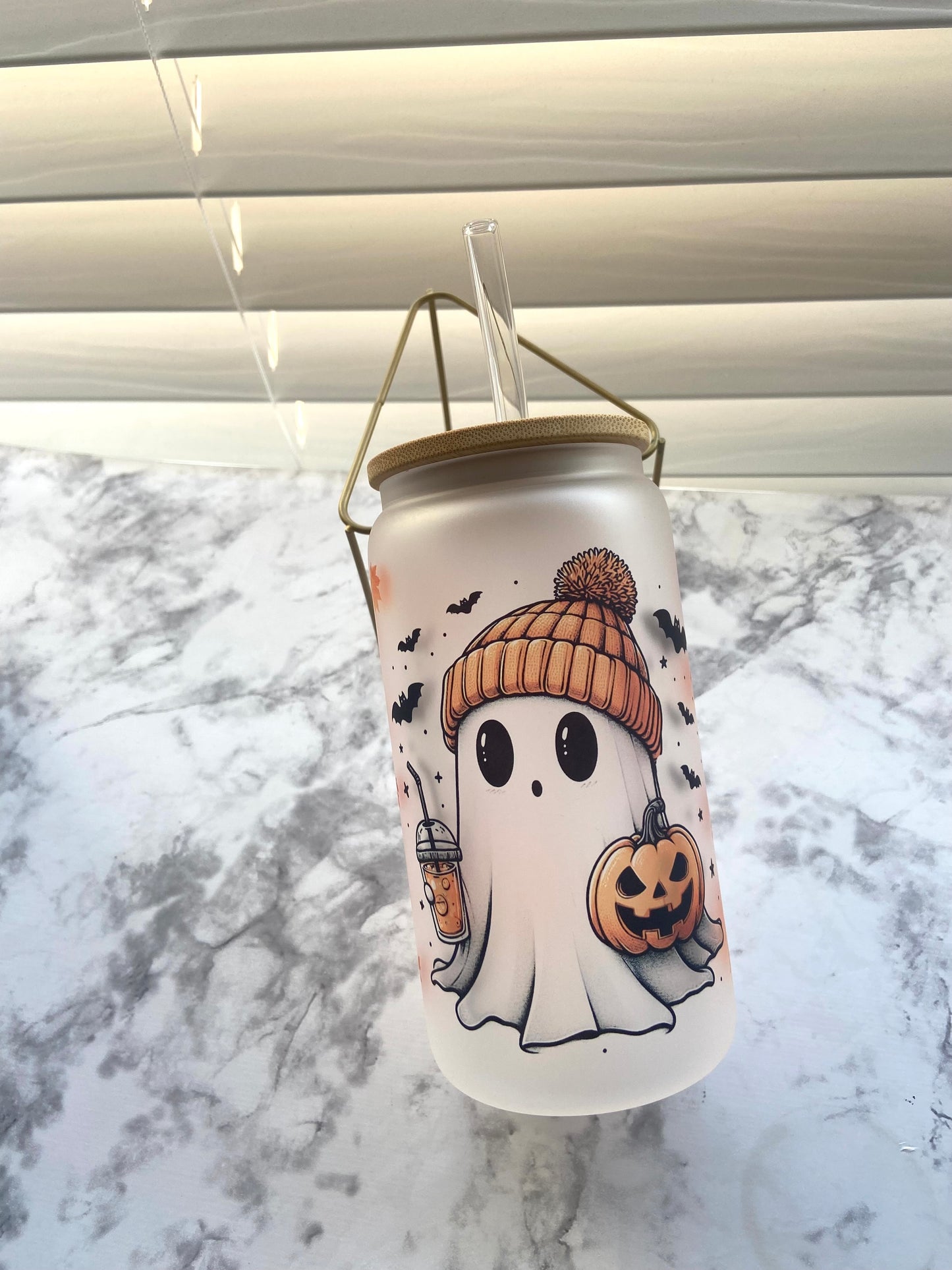 Cute fall ghost glass cup