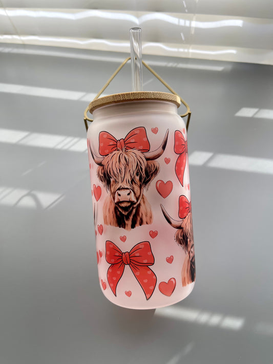 🐮 Highland Cow Drinking glass cup with Bamboo Lid & Straw