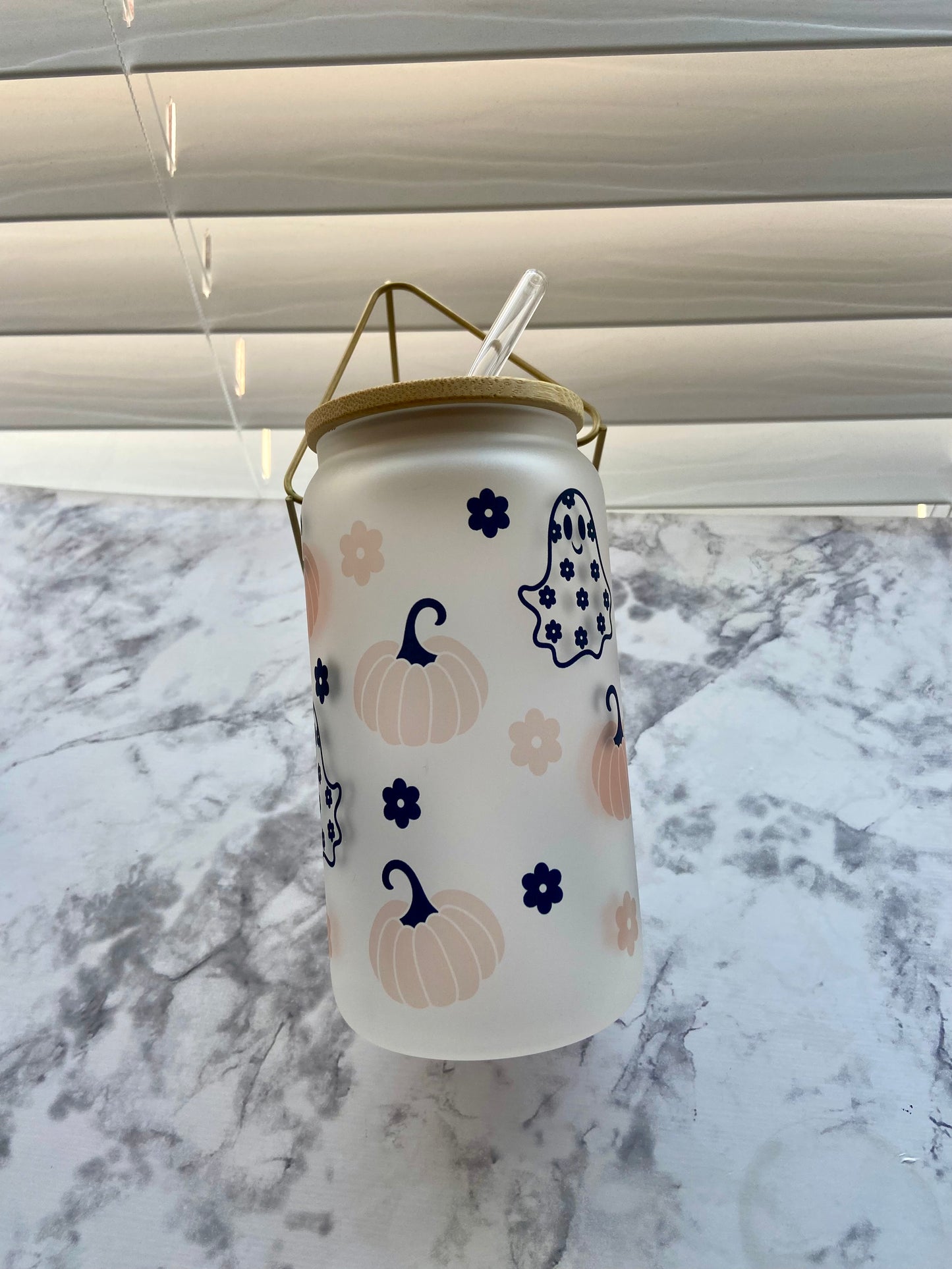frosted ghosts and pumpkins 16oz glass cup