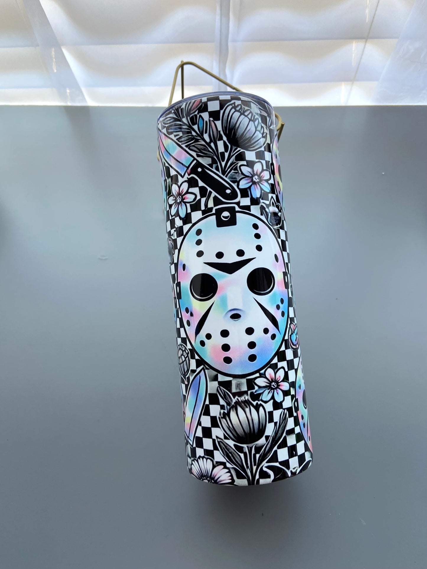 Pastel Horror Vibes Tumbler – Jason Mask & Floral Mashup