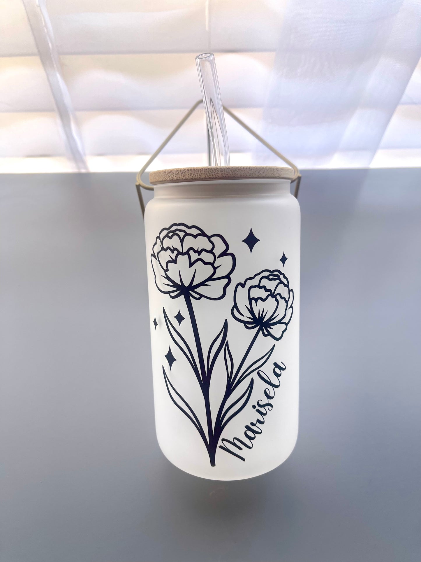 Personalized Birth month flower frosted glass cup