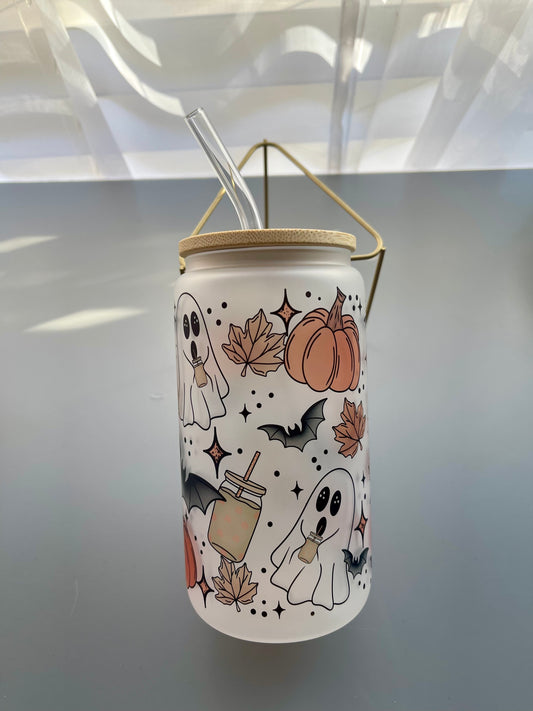 Spooky Season Tumbler – 16oz Halloween Ghosts & Pumpkins Cup with Lid & Straw