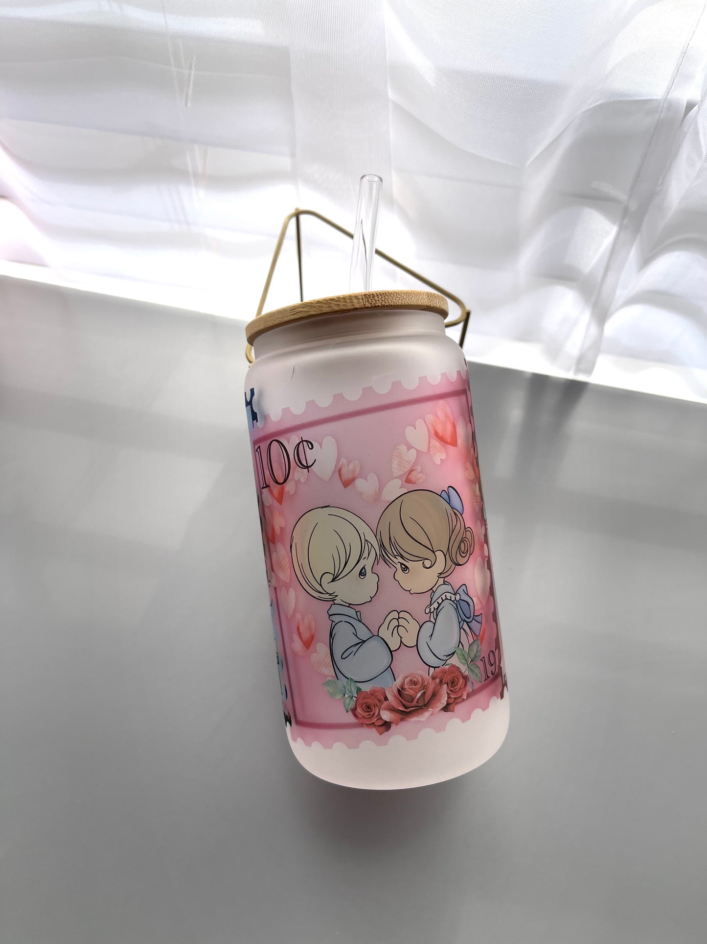 Valentines post card stamps glass cup