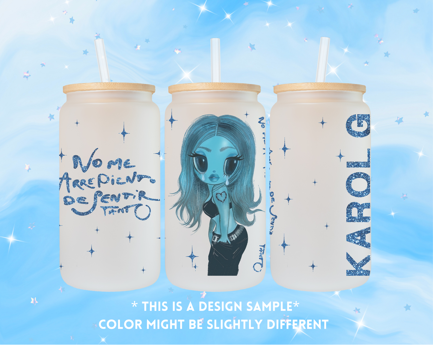 karol G No me arrepiento de sentir tanto blue glass cup