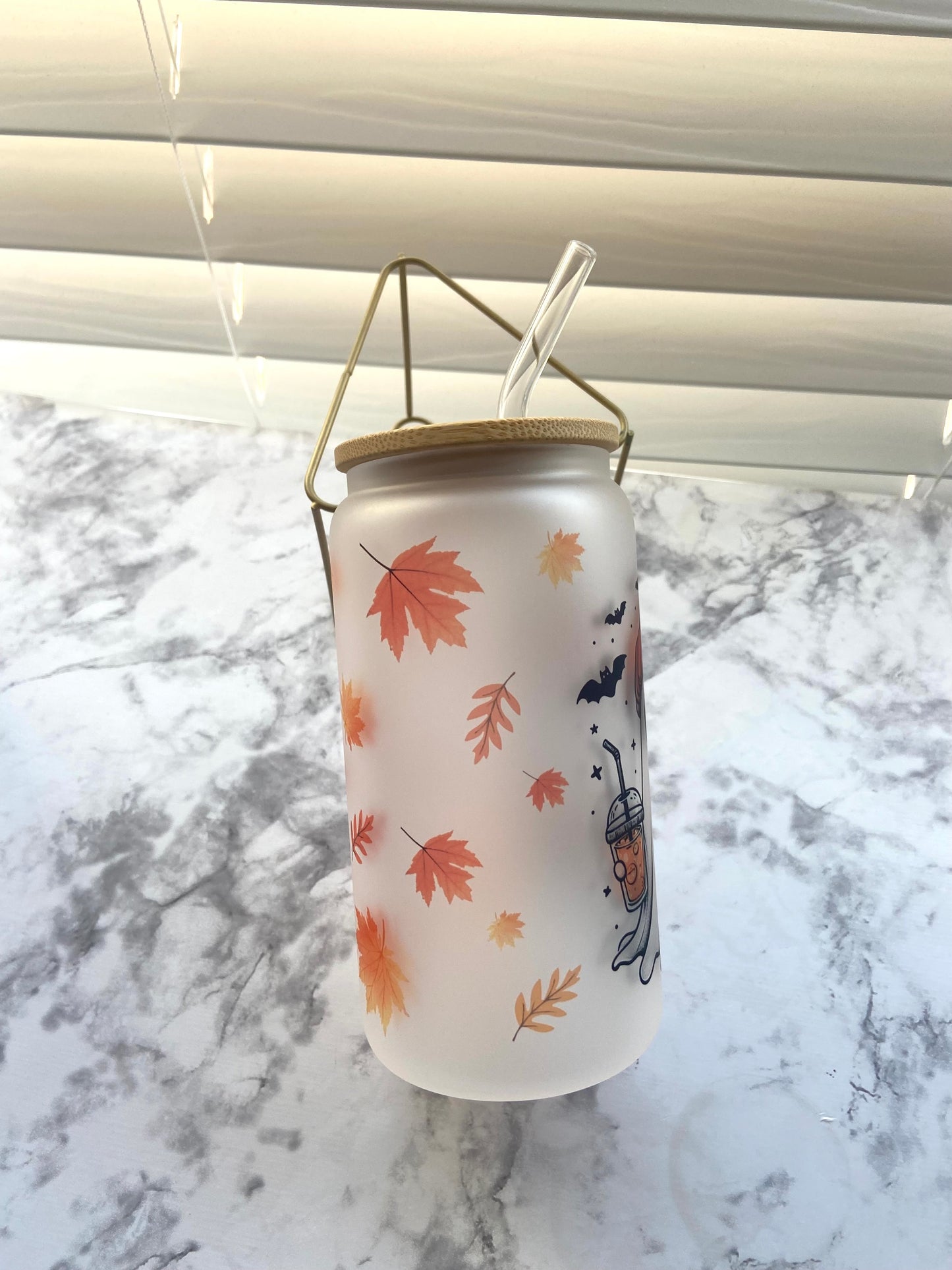 Cute fall ghost glass cup