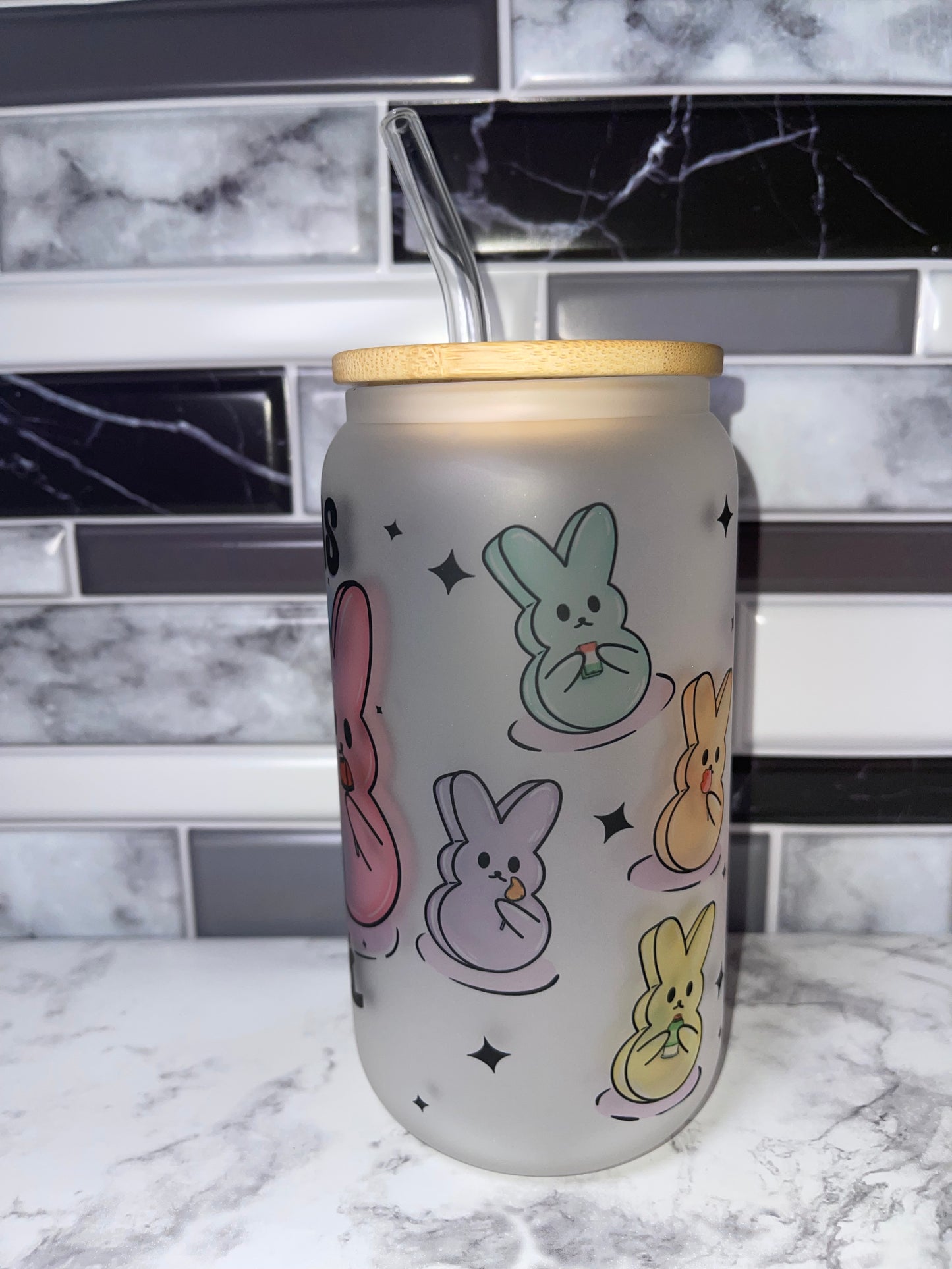 Con mis peep 16oz glass can w/bamboo lid & Straw