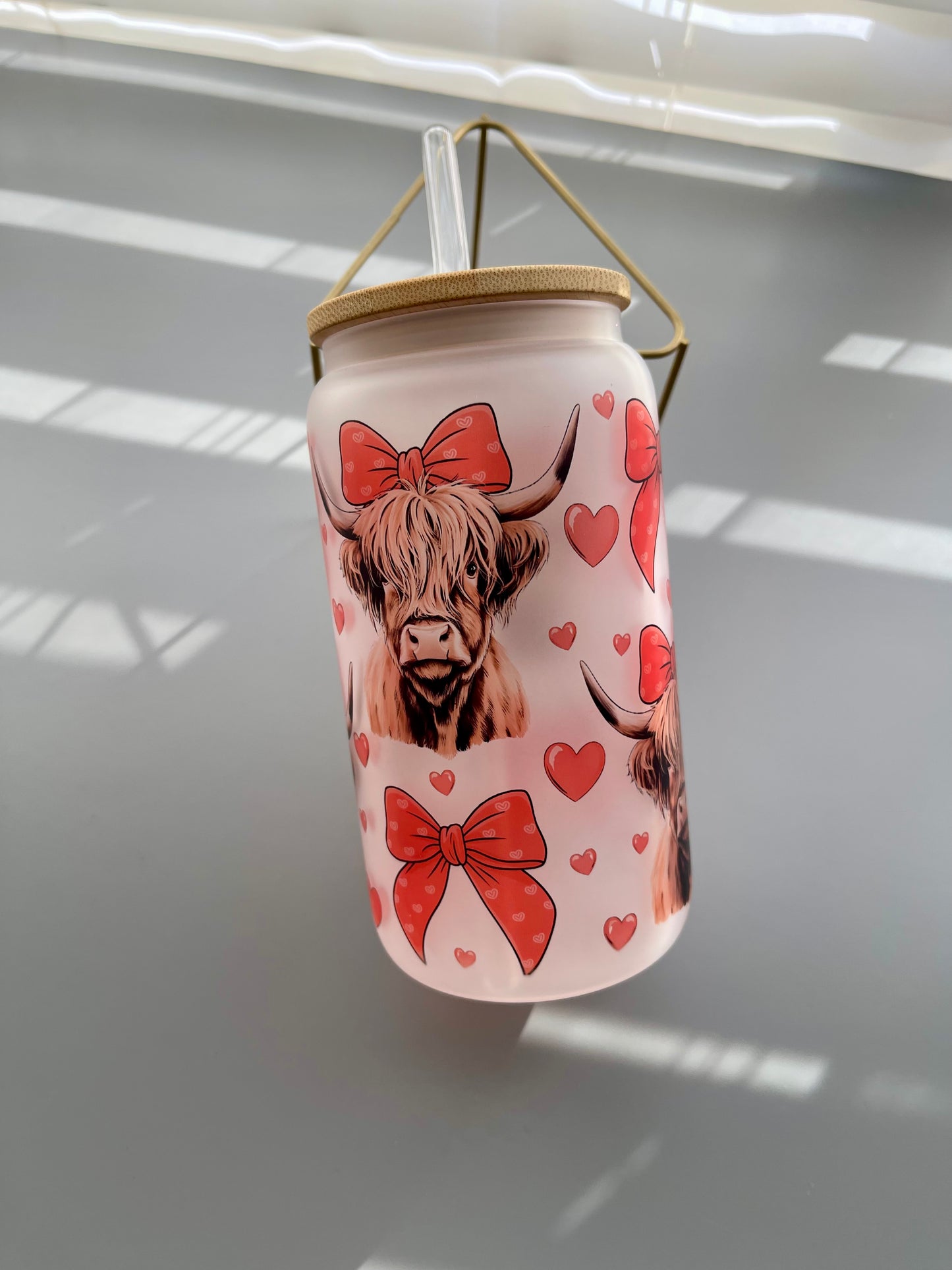 🐮 Highland Cow Drinking glass cup with Bamboo Lid & Straw
