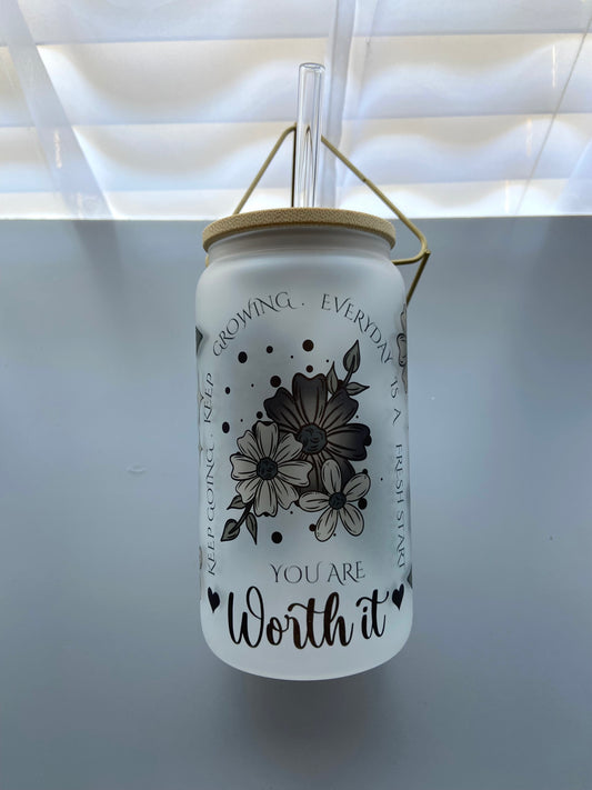 Frosted Glass Tumbler – “Keep Going, Keep Growing” Inspirational Design