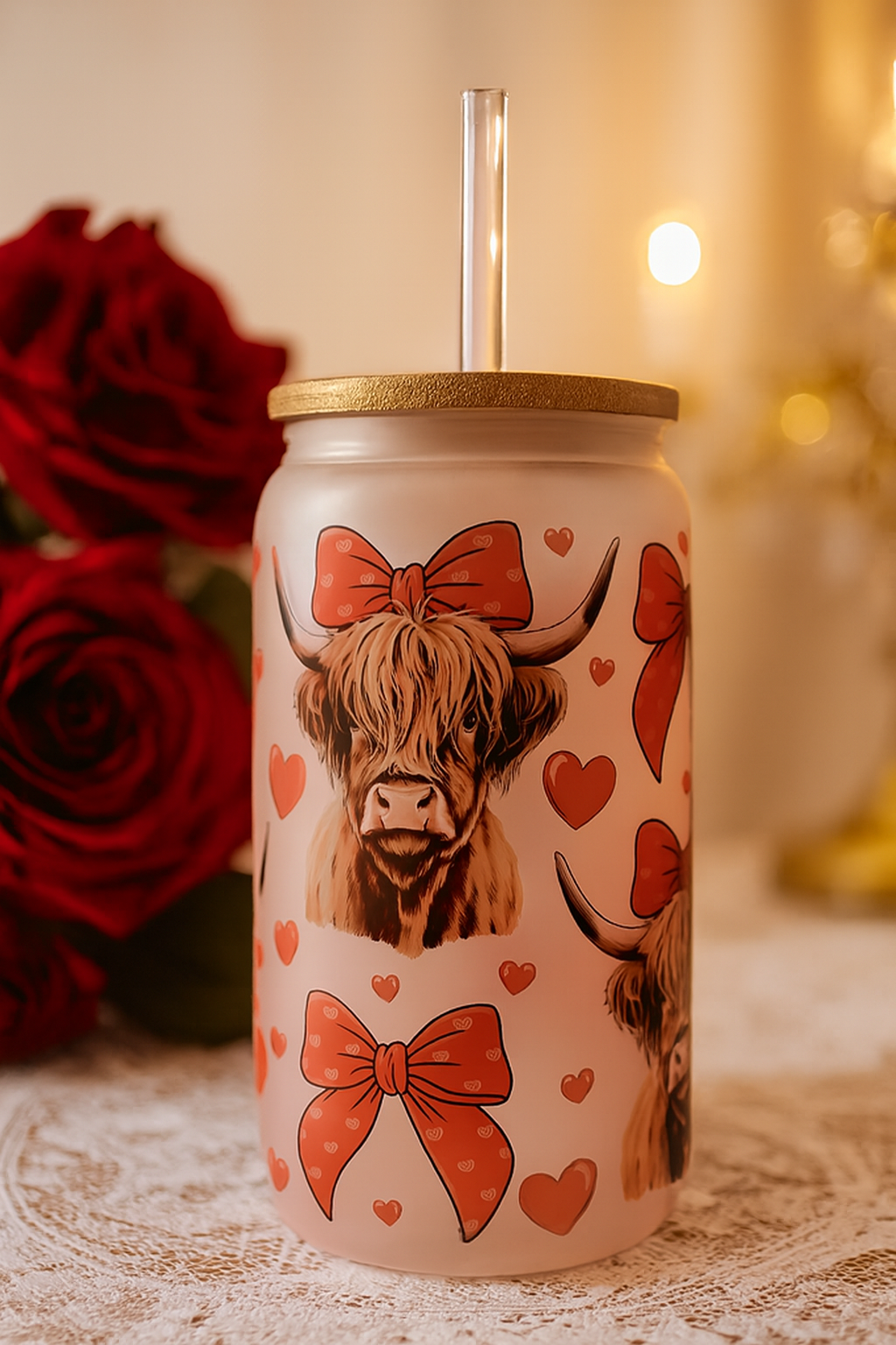 🐮 Highland Cow Drinking glass cup with Bamboo Lid & Straw