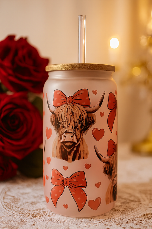 🐮 Highland Cow Drinking glass cup with Bamboo Lid & Straw