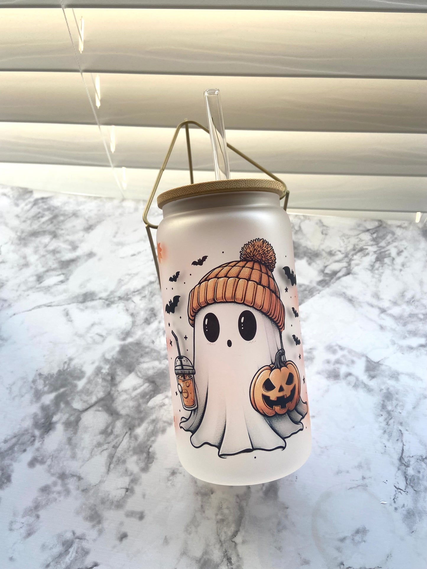 Cute fall ghost glass cup