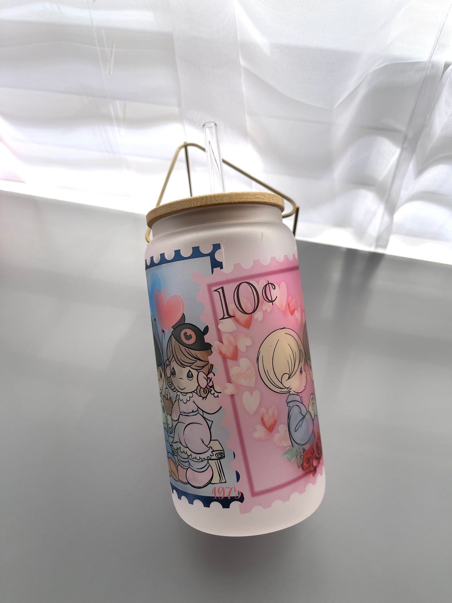 Valentines post card stamps glass cup