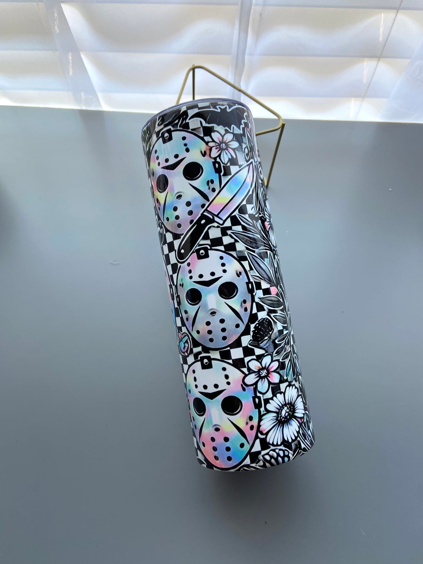 Pastel Horror Vibes Tumbler – Jason Mask & Floral Mashup