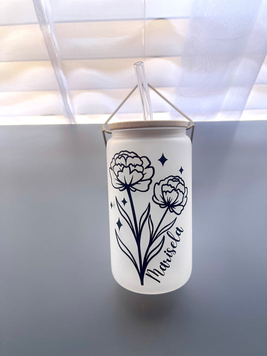 Personalized Birth month flower frosted glass cup