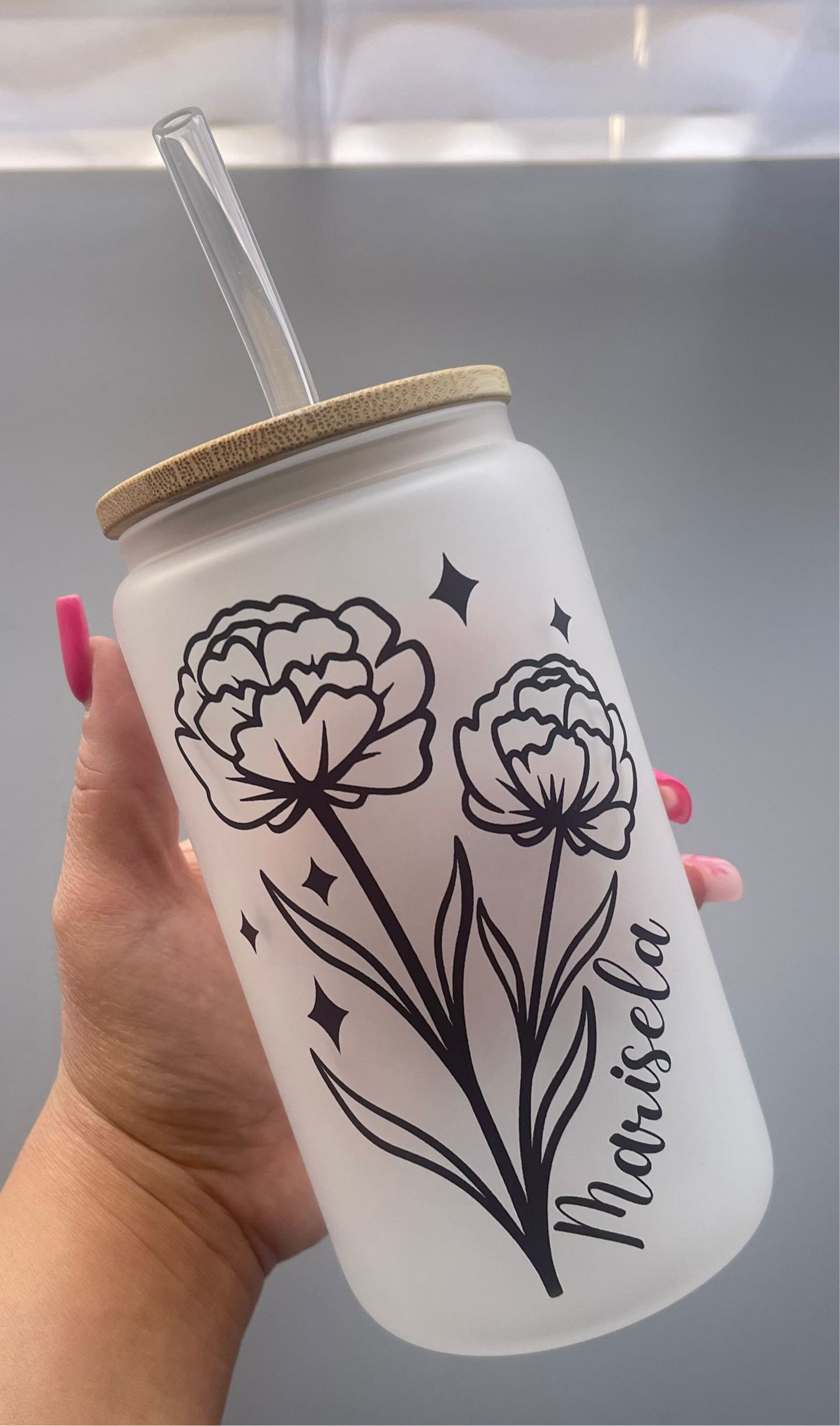 Personalized Birth month flower frosted glass cup