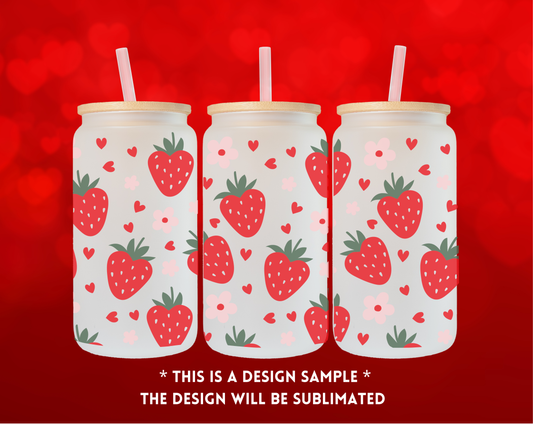 cute strawberry with hearts sublimated glass cup 16oz with bamboo lid and straw