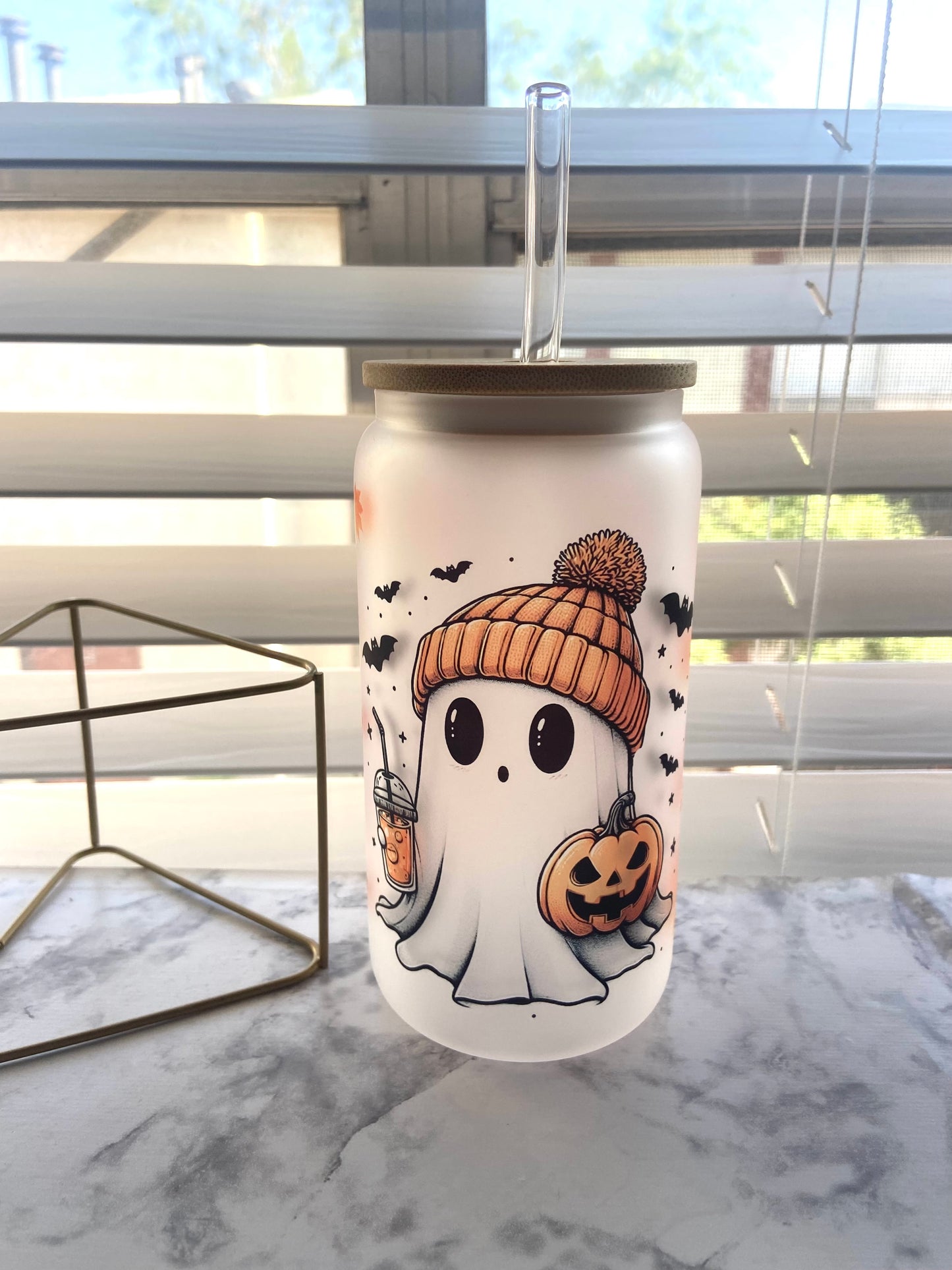 Cute fall ghost glass cup