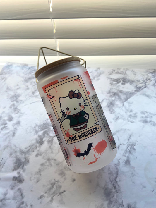 killer kitty glass can with bamboo lid & straw 16oz