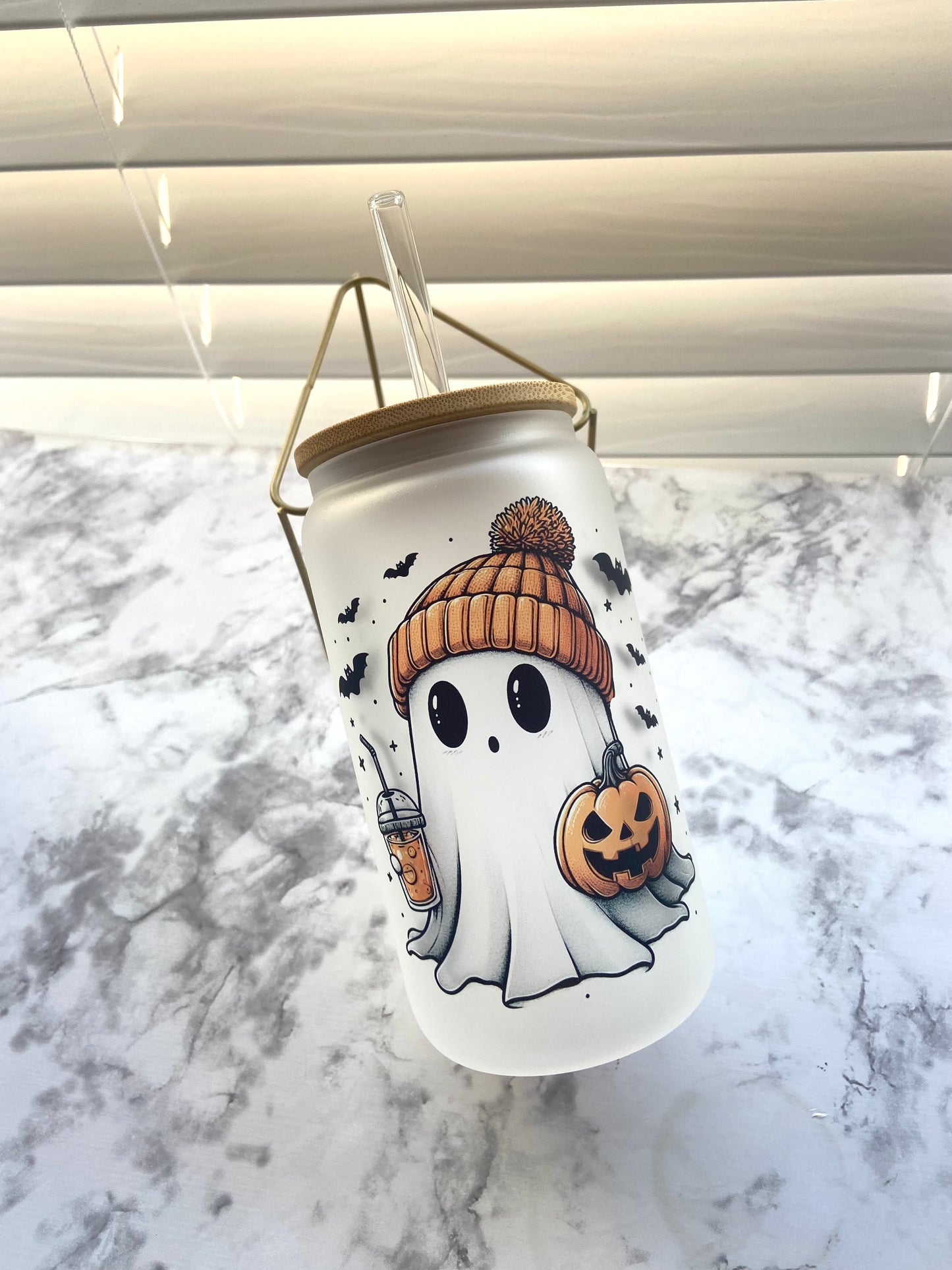 Cute fall ghost glass cup