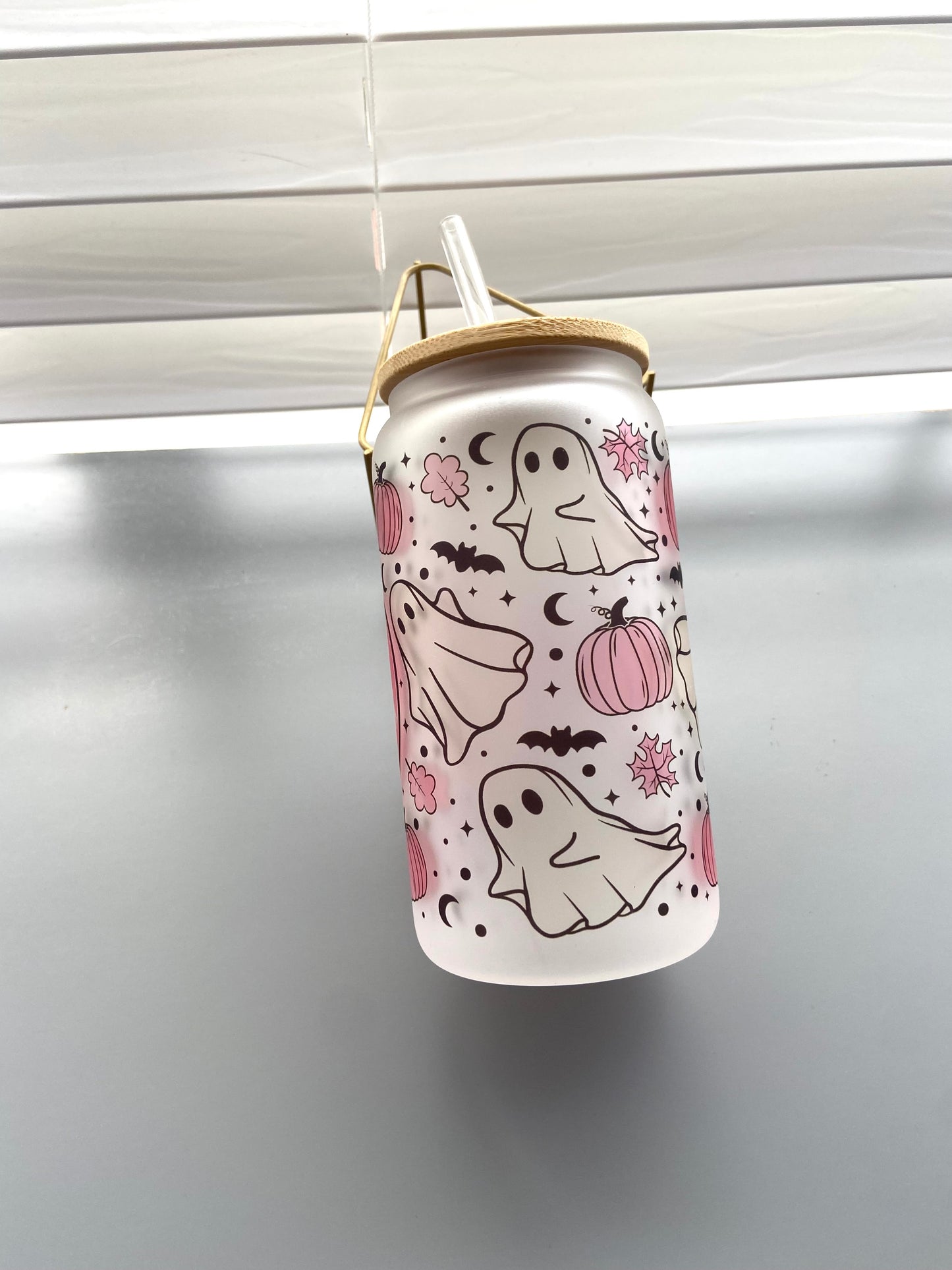 Spooky vibes pink ghosty glass cup