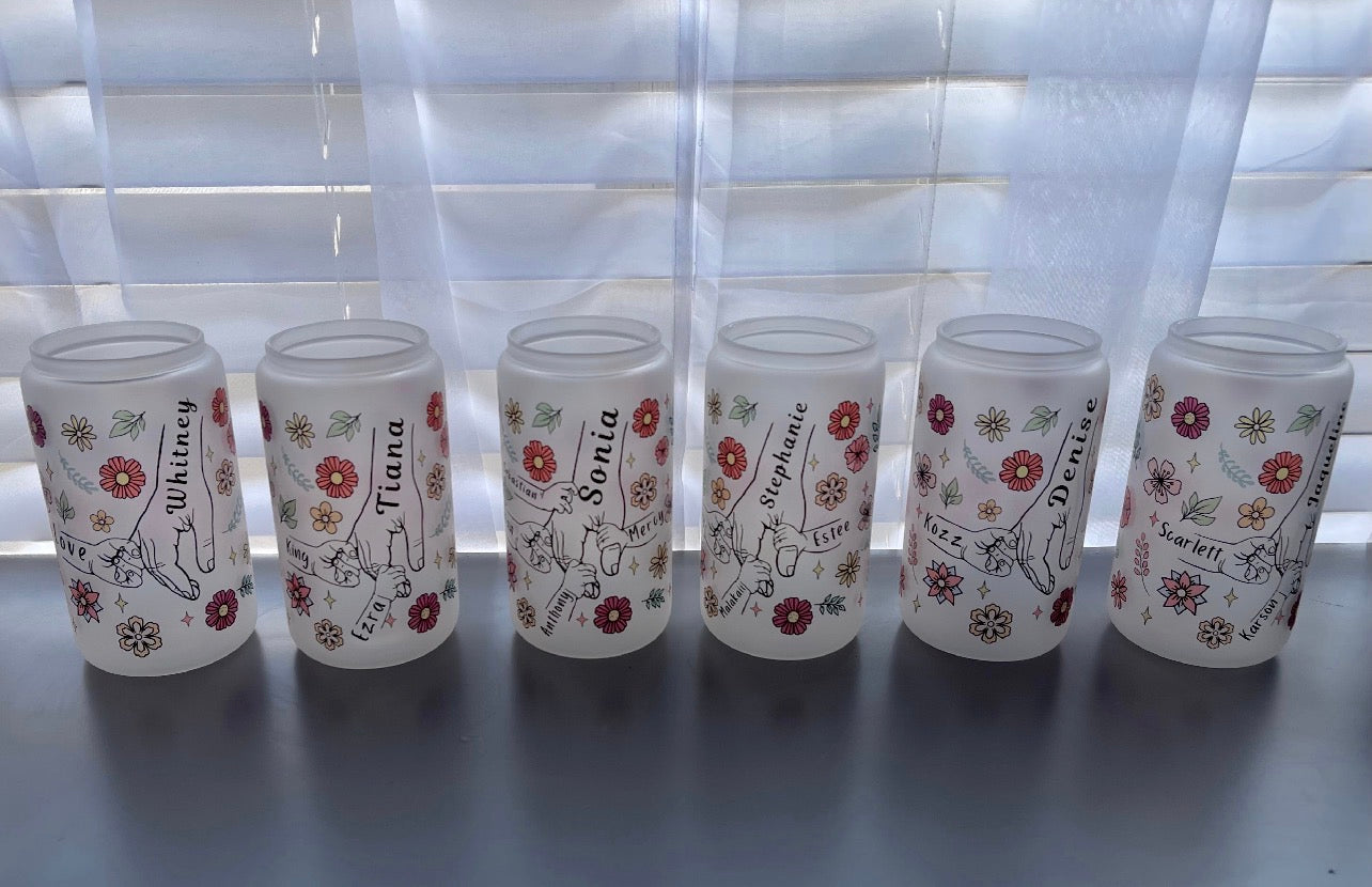 Mom, Grandma custom floral glass cup with names