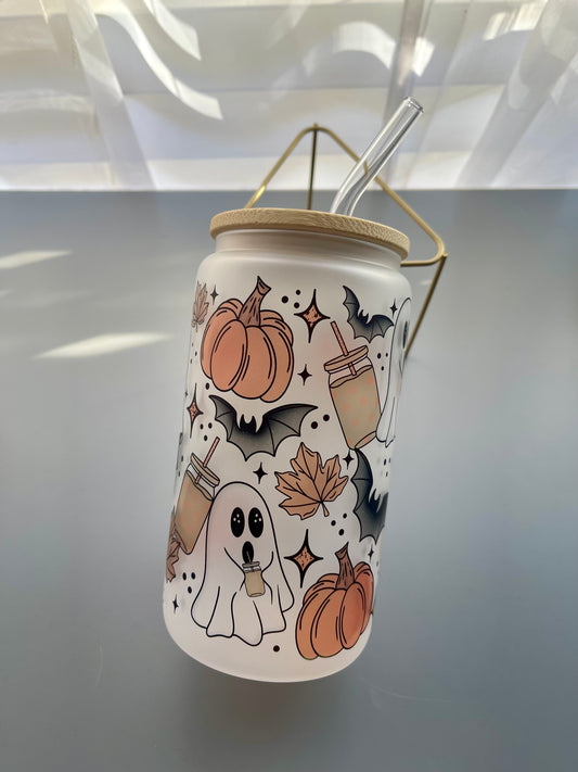 Spooky Season Tumbler – 16oz Halloween Ghosts & Pumpkins Cup with Lid & Straw