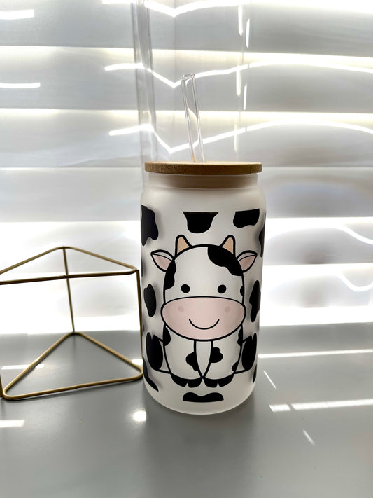 Cow print 16oz glass cup