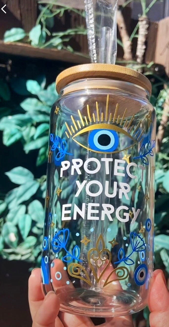 Protect your energy glass can with bamboo lid & straw