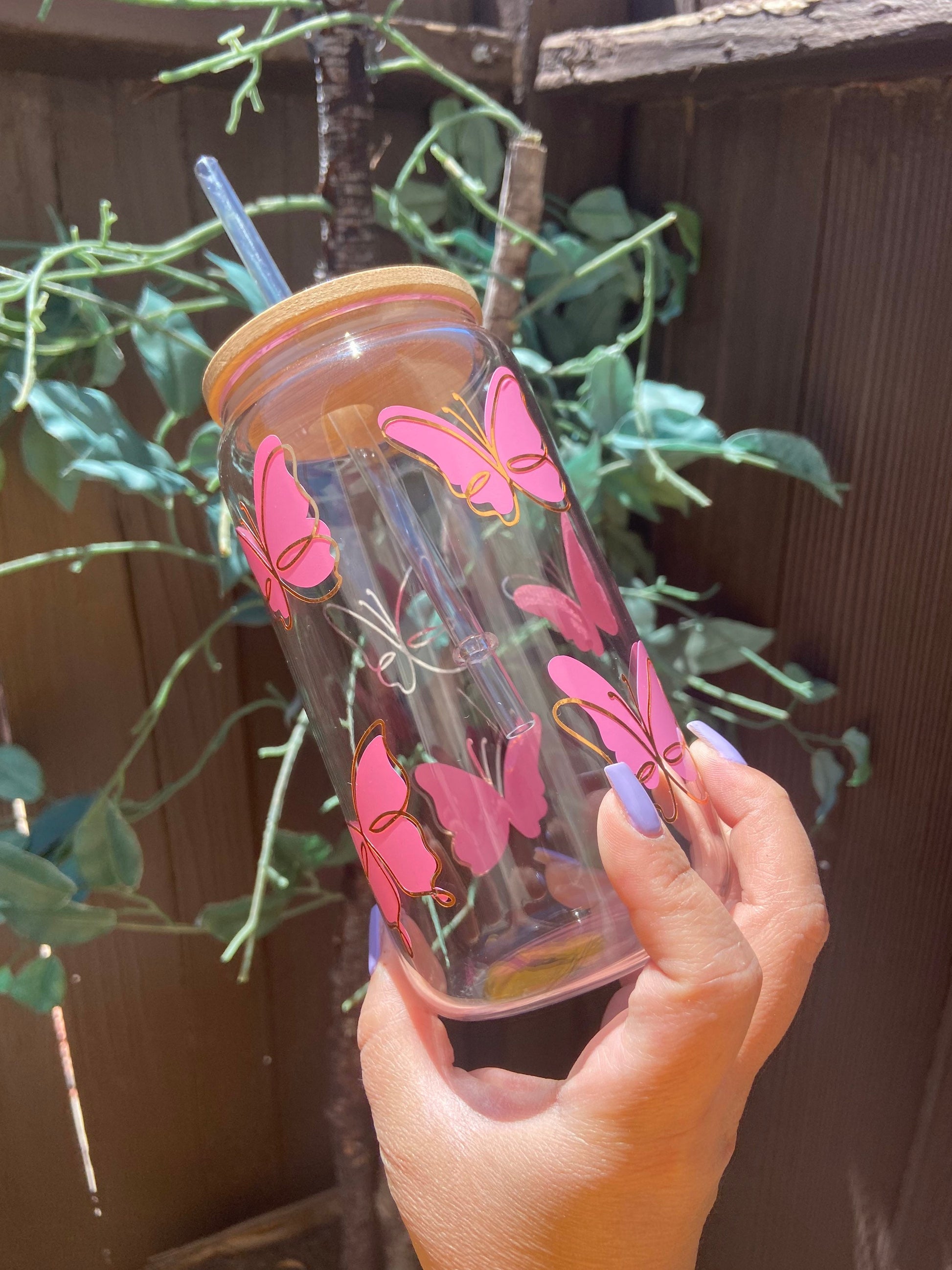 Clear Tumbler With Straw | Butterfly glass cup | Alicee Creations