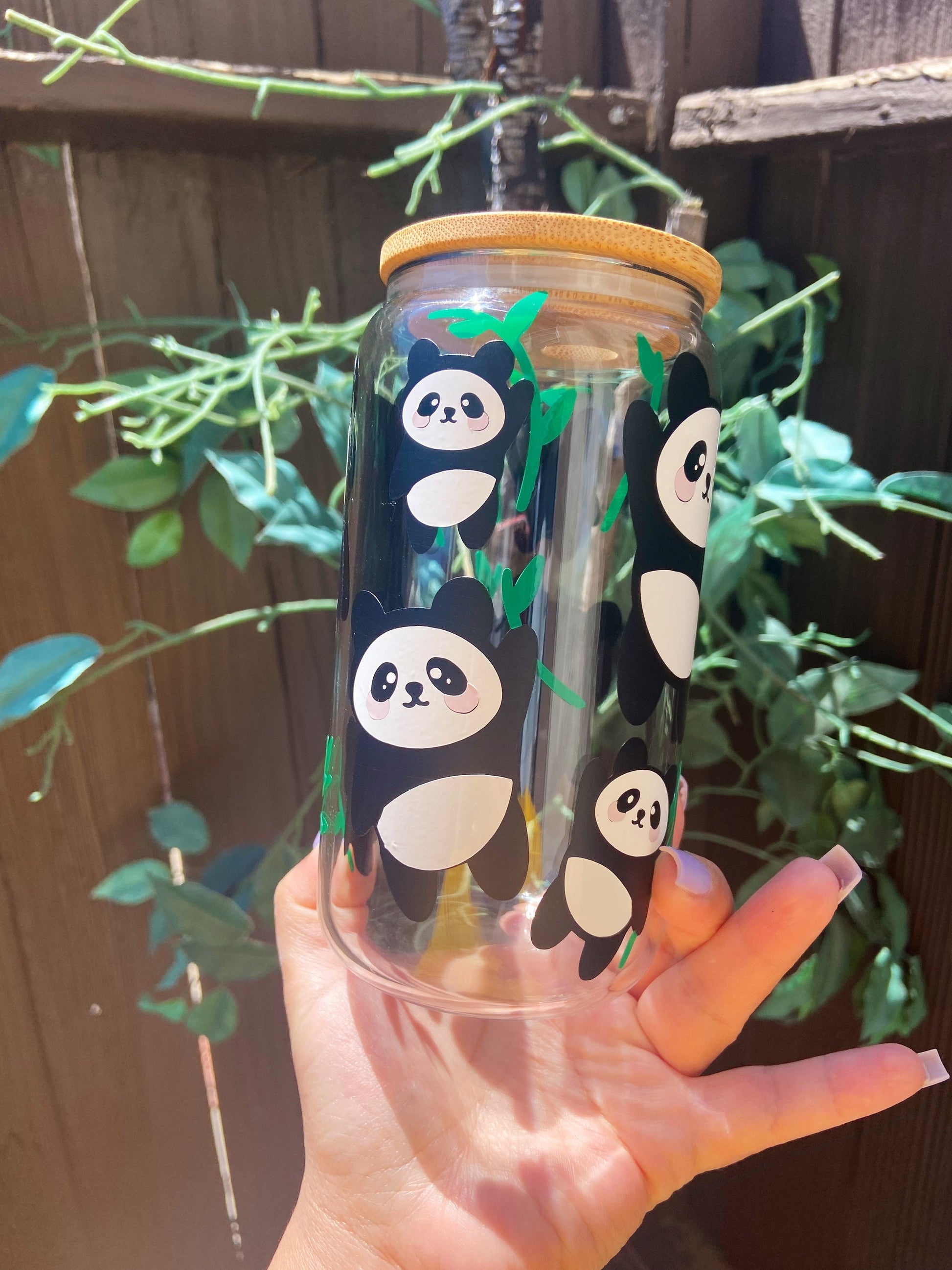 Beer Can Glass With Bamboo Lid |Panda Bear Glass Can| Alicee Creations