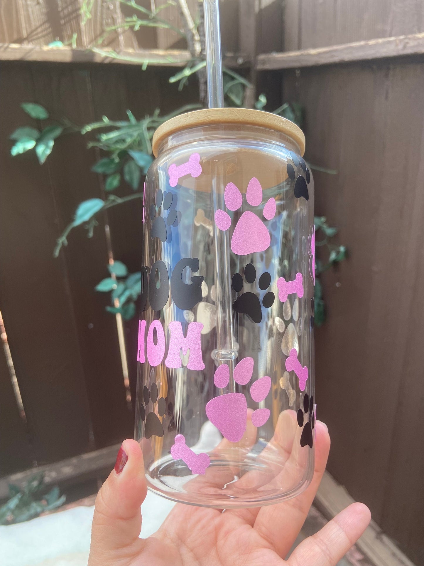 Dog mom glass can with lid & straw
