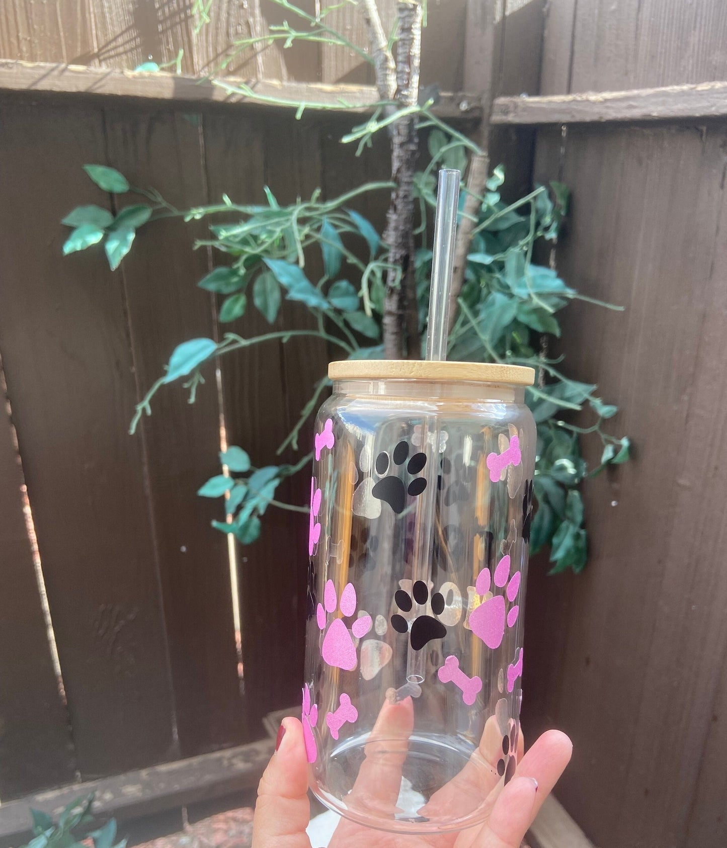 Dog mom glass can with lid & straw